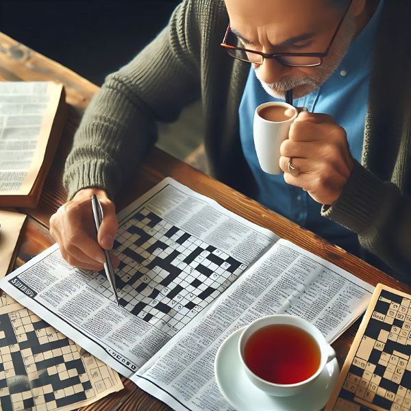 Persona adulta mayor resolviendo una sopa de letras en papel con una taza de té en la mesa, representando una actividad de estimulación cognitiva